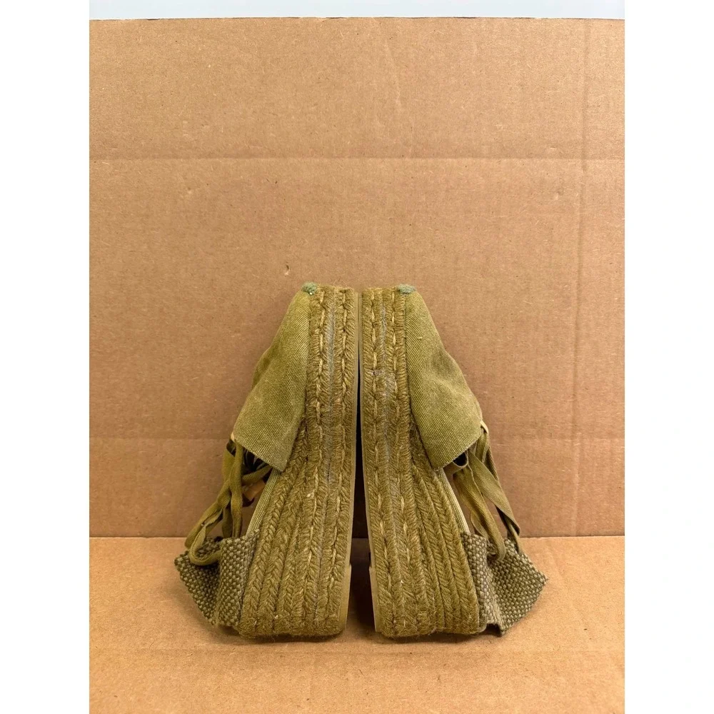 Castañer Canvas Wege Platform Espadrilles Sandals Olive Green Womens Size 37 EU